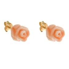 Orecchini fiore rosa corallo rosa a lobo perno e farfallina oro giallo 18 kt