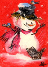 PUPAZZO DI NEVE INVERNALE NATALE ACEO cartolina dipinto pastello originale