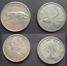 Canada 2 coins of 25 cent. puma 1967 moose 1961 silver .800
