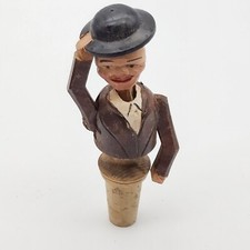 Vintage Italian Hand Carved Wood Moving Puppet Cork Wine Stopper Man Lifts Hat