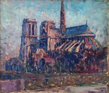 Notre-Dame de Paris, antico dipinto ad olio impressionista francese firmato Defontaine