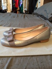 SALVATORE FERRAGAMO LUSSO BALLERINE PELLE SILVER VARINA 8,5 C US 38,5 EUR 5,5 UK