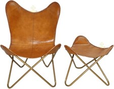 Sedia A Dondolo Vintage In Pelle Marrone Con Poggiapiedi