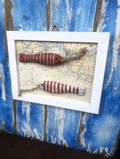 Quadro Con Pesci Rosso Bianco In Legno Carta Nautica Arredo Marina Coastal 