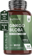 Ginkgo Biloba Con Ginseng Siberiano 6600Mg, 365 Compresse (1 Anno) Estratto 50:1