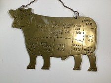 Insegna vintage ottone massiccio macellaio carne bovina taglio guida metà secolo mucca da appendere MCM