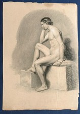 Disegno antico matita accademico nudo maschile 1880 circa grande