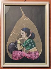 Quadro da parete su foglia di ficus religiosa con cornice in legno