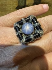 Anello Oro Basso 14 Kt Zaffiro Stellato Diamanti Ed Onice 