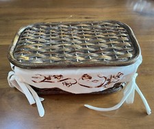 Cestino In Vimini Intrecciata Vintage Con Tessuto Interno Fodera Ricamato