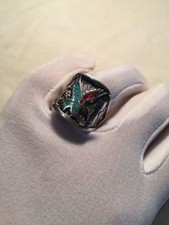 Anello Aquila Vintage Argento Uomo Turchese Corallo Pietra Intarsiata Misura 11,75