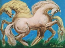 Ritratto di Cavalli Bianchi Pazzi Selvaggi Dipinto Olio Moderno Italiano Originale Firmato