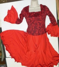 Latin Flamenco Dance Dress Lace Print Flounce Hem Red/Blk Circle skirt child sz