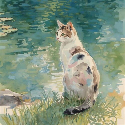 Gatto laghetto ninfee - , claude