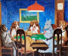 Quadro ad olio su tela- Cani che giocano a carte . C.M. Coolie