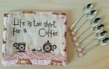 Set 6 cucchiaini caffe` decorati + custodia realizzata a mano ricamo punto croce