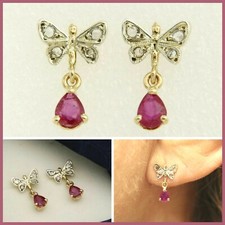 Orecchini in ORO Giallo 14 kt con RUBINI a Goccia e DIAMANTI Farfalla da Donna 