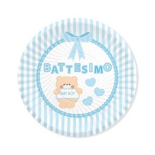 Piatti carta Cm. 24 - Battesimo Teddy Celeste - Blister 8 pezzi