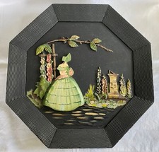 Vintage Crinoline Lady Wooden Wall Plaque 3D Deco Hollyhocks Octagon