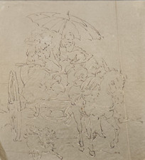SCUOLA del XIX SECOLO ANTICO DISEGNO CHINA SU CARTA VELINA FIGURE IN CARROZZA !!