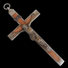 Antico Crocifisso Tonacale da Sacerdote – Legno e Metallo Argentato – Cristo in