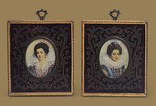 Coppia Miniature Ritratto Dame Gorgiera Antica '800 Cornici Vintage Dipinto Raro