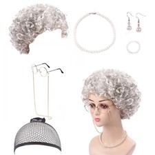 Womens Grey Curly Granny Wig +