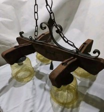 Lampadario Vintage Rustico in legno e ferro battuto 4 Luci E Vetro Ambrato