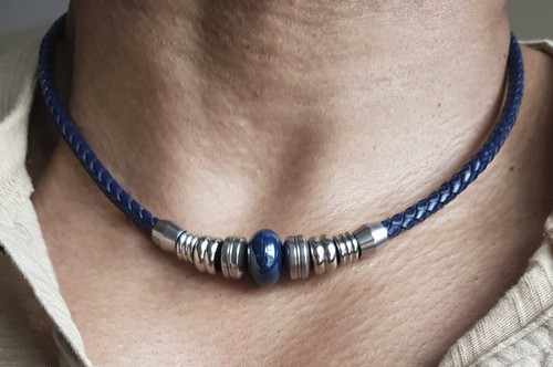 Collana uomo pelle blu - uomo, in