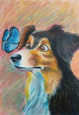 Olio pastello cane e farfalla