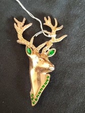 Spilla  vintage USA Renna Natale  color oro strass e strass verdi