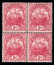 1922-34 BERMUDA, Stanley Gibbons n. 78 - 1d. scarlatto - Blocco di quattro - MNH**