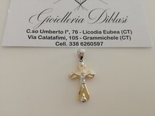 CIONDOLO CROCEFISSO CRISTO Pendente Oro 18 Kt 750% CROCE SACRA Giallo e Bianco