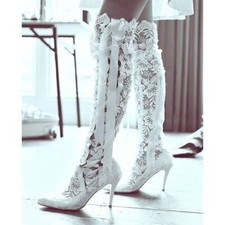 Stivali donna pizzo al ginocchio stile americano Occident sexy tacco alto a spillo zip