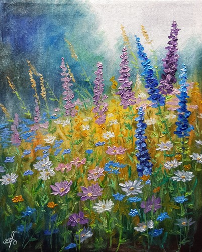 Dipinto olio prato fiori