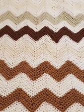 Zig Zag Crocheted Afghan Tan/Ivory/Beige Beautiful Hand Made L64 inches x W52 in
