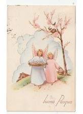 1943 cartolina Buona Pasqua angeli ceste uova pettirossi sul ramo pesco in fiore
