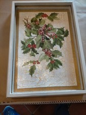 VASSOIO IN LEGNO DECORATO A MANO FONDO BIANCO BORDO ORO CM.35 X 25