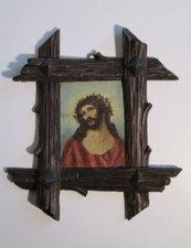 Antico quadro dipinto Gesu’ su cartoncino cornice legno a tronchi primi '900