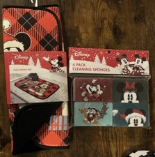 DISNEY PENNINO TAPPETINO ASCIUGA PIATTI NATALE E CONFEZIONE DA 4 SPUGNE PULIZIA TOPOLINO KS