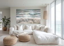 Dipinto olio testurizzato originale blu verde rosa paesaggio marino con onde barche sedie