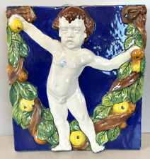ANTICA GRANDE FORMELLA CERAMICA TOSCANA PUTTO BAMBINO PIASTRELLA GHIRLANDA '40
