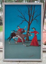 Dipinto olio su tela Mario D'Elia fratini e asini Surrealismo