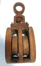 ANTICO GRANDE BOZZELLO NAVALE A DUE PULEGGE IN LEGNO E FERRO