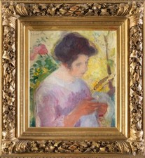 Pietro Scoppetta. Ritratto di giovane donna in giardino,olio su tela, 30x26,5 cm