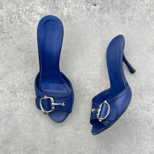 Gucci | Autentico Mules Vintage Blu Marino Morso di Cavallo Argento Ferramenta (35,5)