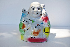 Vintage Porcellana Sorridente Buddha Con Bambini Dipinto a Mano Figurina