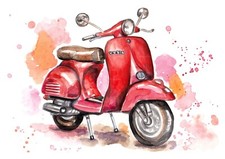Vespa 50 rossa scooter moto acquerello dipinto a mano opera originale