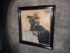 Vecchio Dipinto Ad Olio Girasoli Con Frutta Su Tavolo
