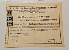 CERTIFICATO AZIONARIO AZIONE CIRCOLO COOPERATIVA PROGRESSO IN BARASSO VARESE '47